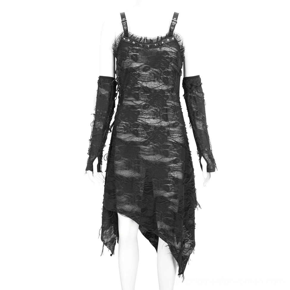 Black ripped gothic dress with long gloves on display mannequin, front view with studded shoulder straps and asymmetrical hemline