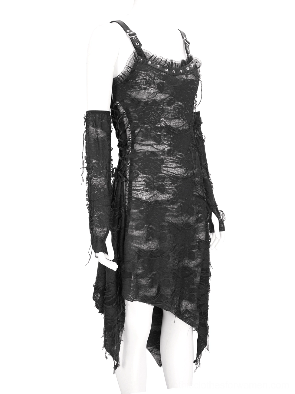 Black ripped gothic dress with long gloves on mannequin, back side view showing asymmetrical hem and side lace details