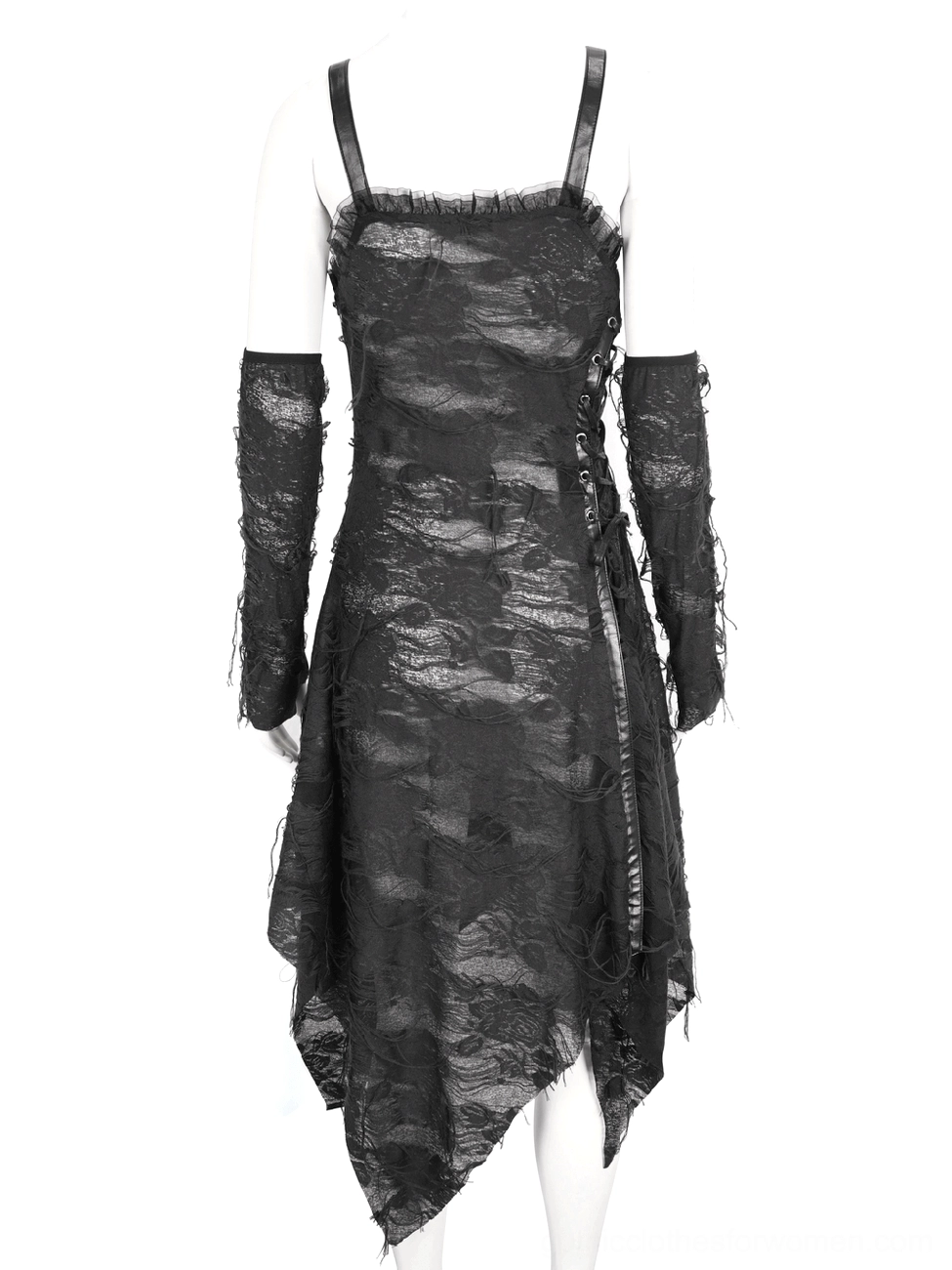 Black ripped gothic dress with long gloves on mannequin, front view with spaghetti straps and torn lace hem details