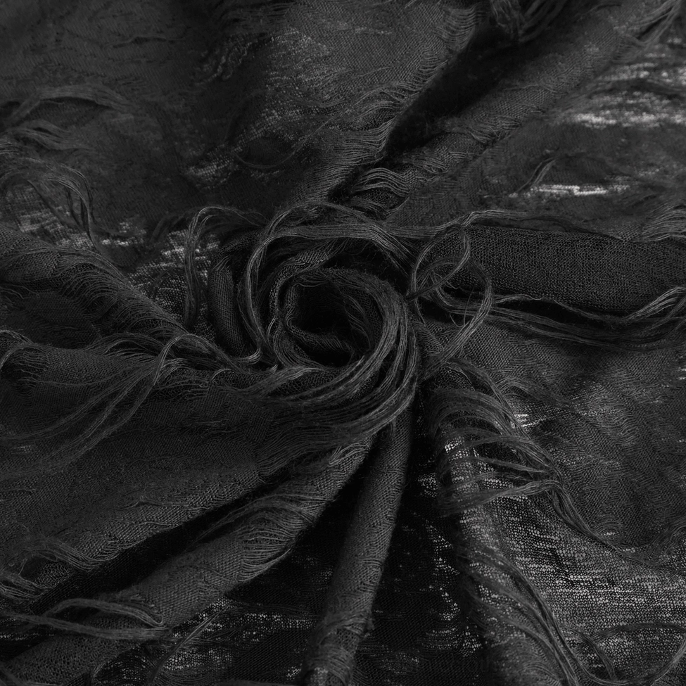 Black ripped gothic dress with long gloves detail view, showing studded straps, synthetic leather accents and torn lace