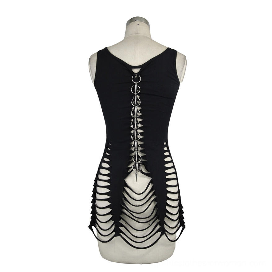 Black ripped gothic tank top rear view on mannequin showing back chain ring lace-up and full side rips
