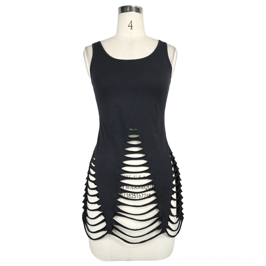 Black ripped gothic sleeveless tank top on dress form mannequin front display