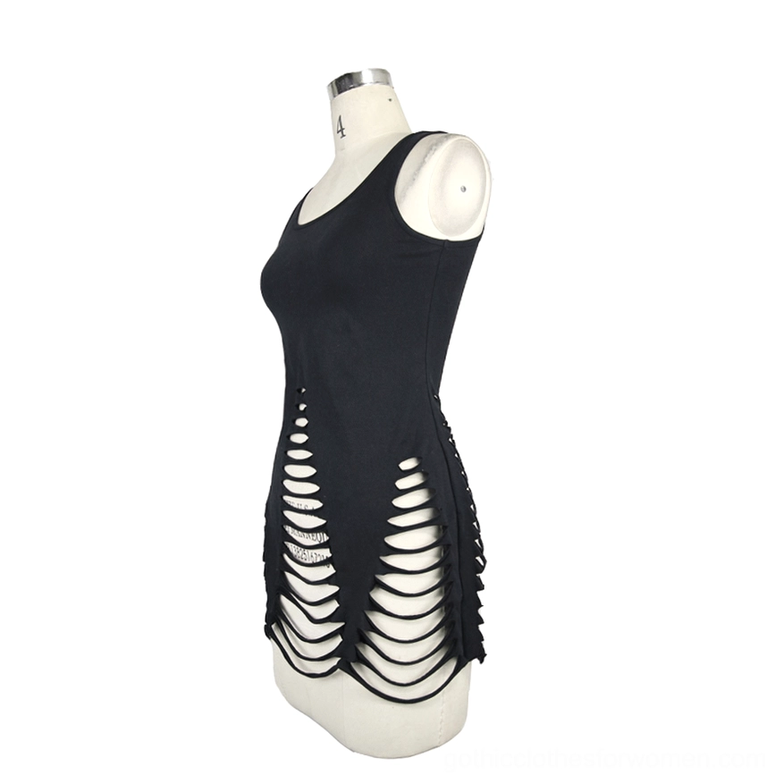 Black gothic ripped tank top left side view showing slim fitted design and side slits