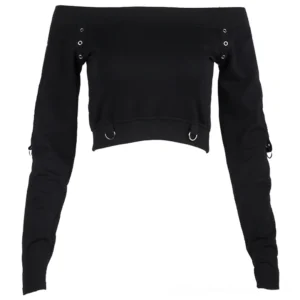 black crop top rivet details flat lay product photography