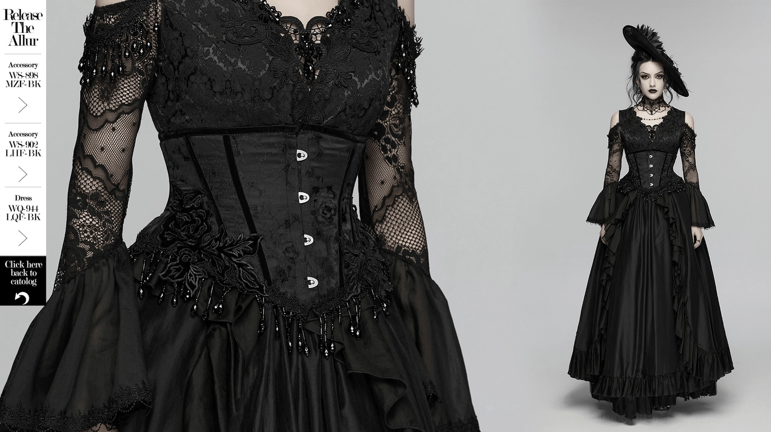 Gothic black underbust corset with rose embroidery and beaded tassel trim back view