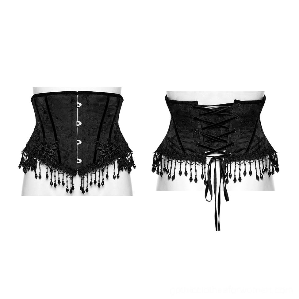 Underbust gothic corset flat display front and rear showing button closure and lace-up back