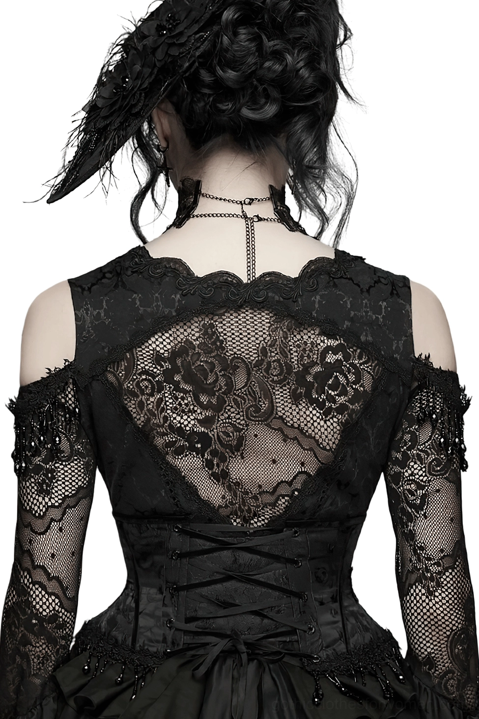 Gothic black corset lace-up back view with open lace panel and beaded tassel trim
