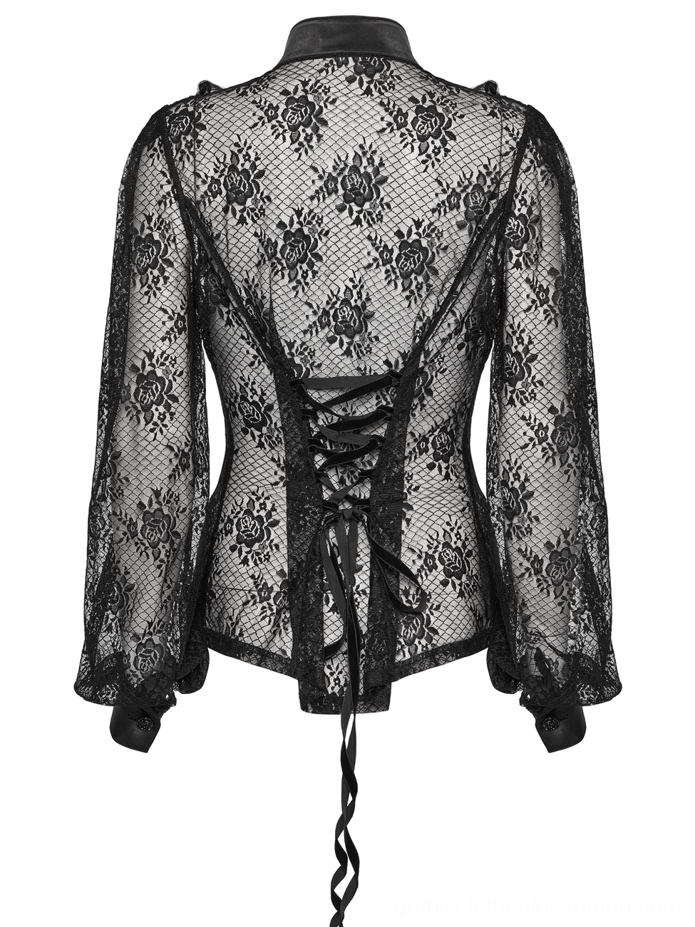 Black rose lace gothic blouse back on dress form displaying full corset lace-up design and lantern sleeves