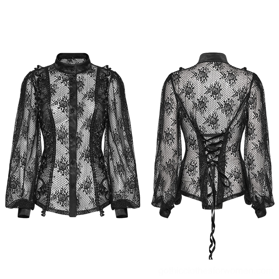 Black rose lace gothic blouse front and back on dress forms with button placket and corset back closure