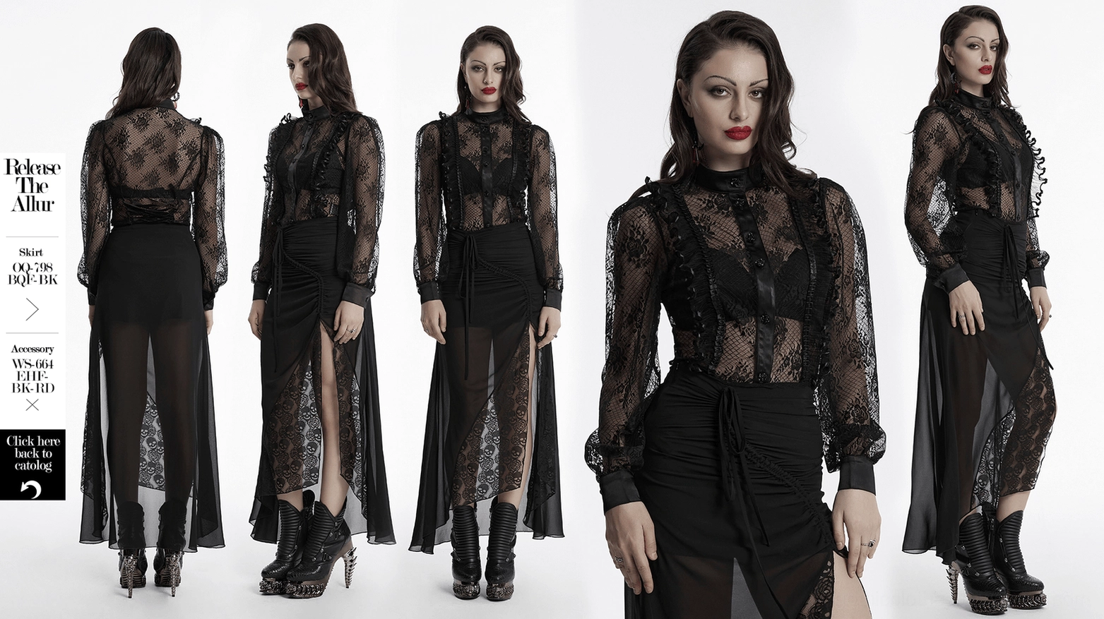 Black gothic lace blouse front button placket and rose-shaped button details with mesh transparency