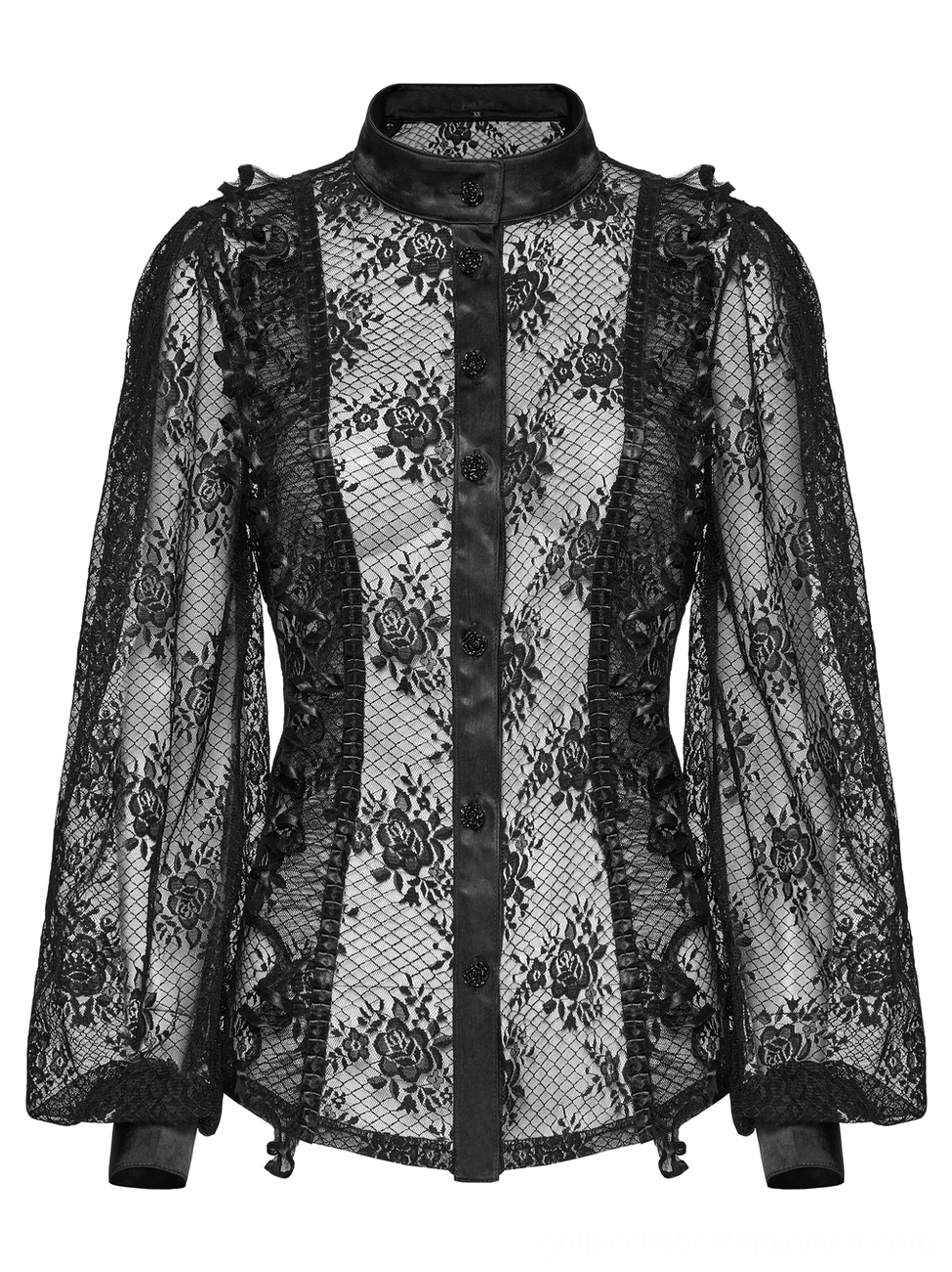Black rose lace gothic blouse front flat lay on dress form showing stand collar and mesh details