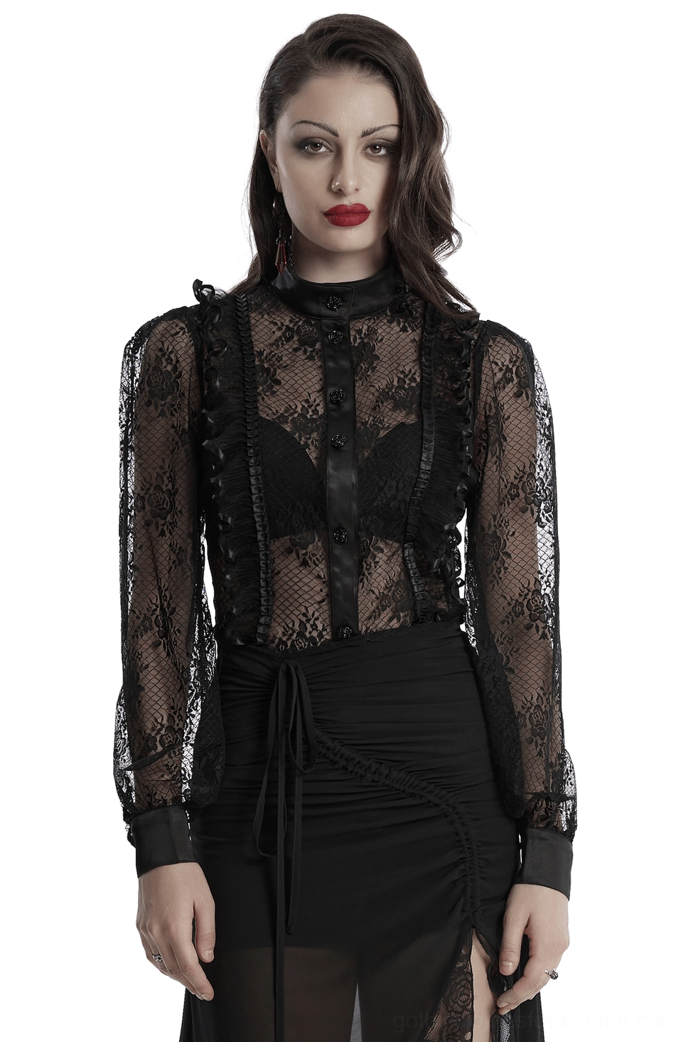 Black rose lace gothic blouse front view worn by model with stand collar and sheer lantern sleeves