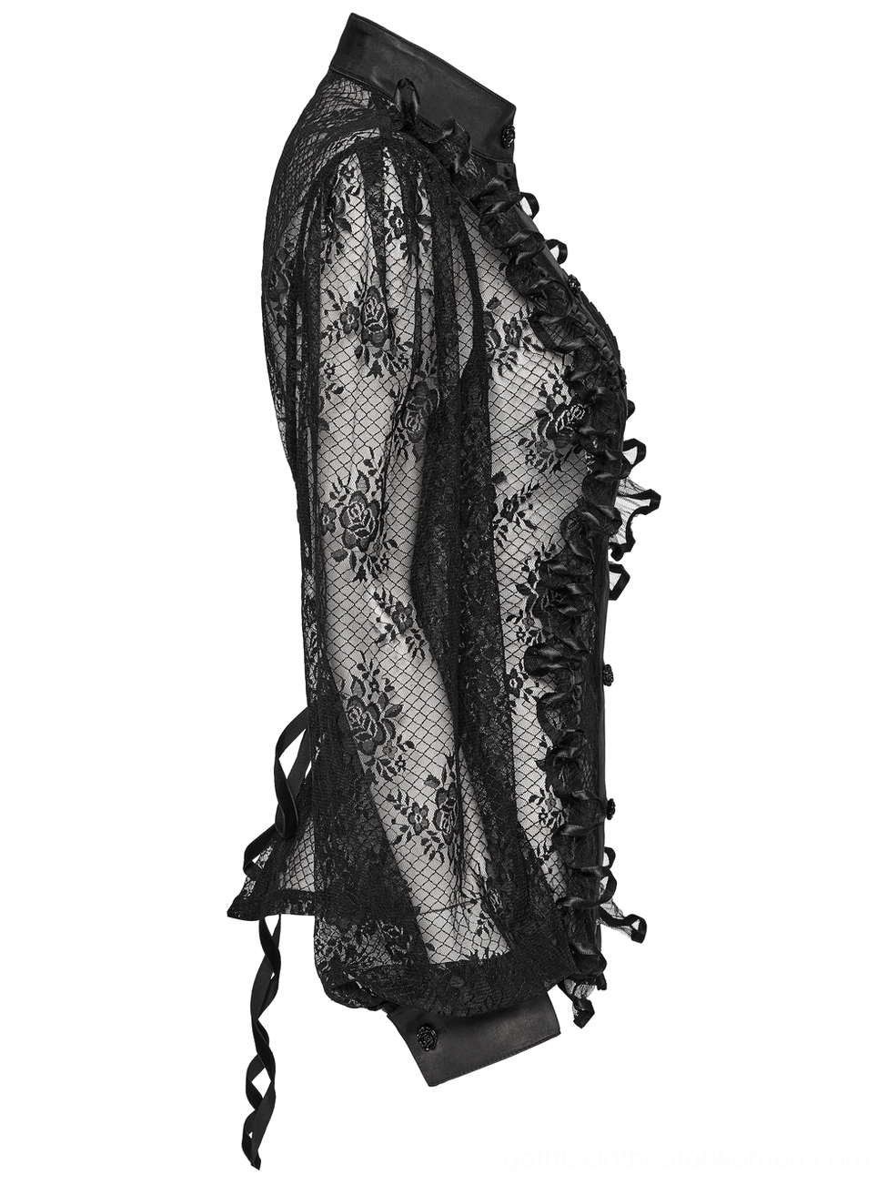 Black gothic lace blouse side view on dress form showing ruffled cuff trim and lantern sleeve construction