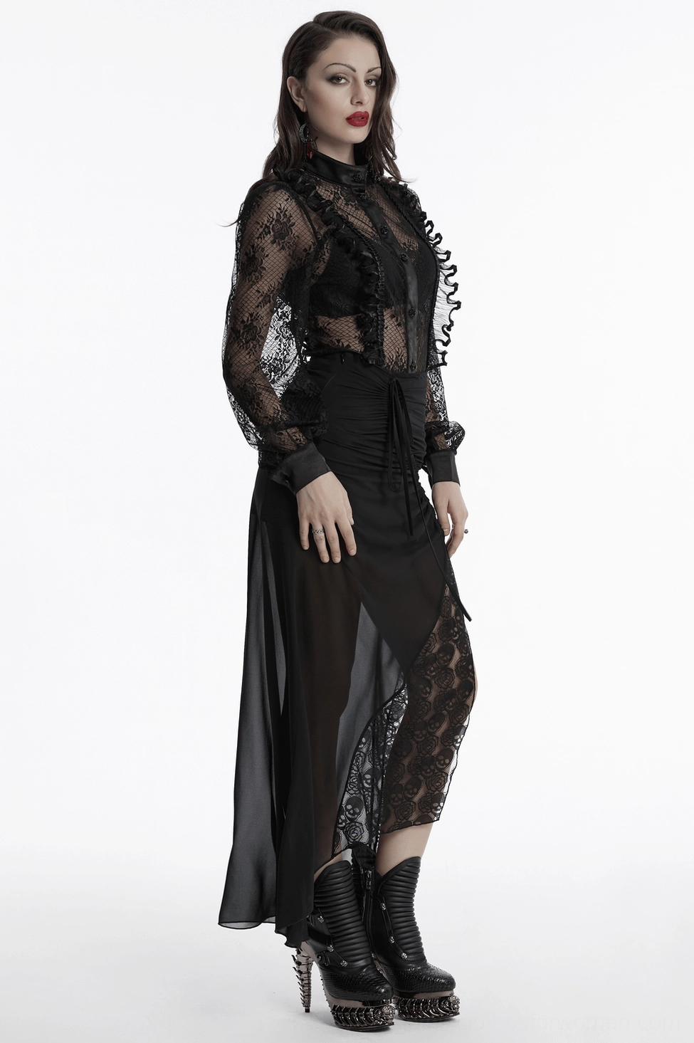 Black rose lace gothic blouse size and fit comparison showing various sizes on mannequins