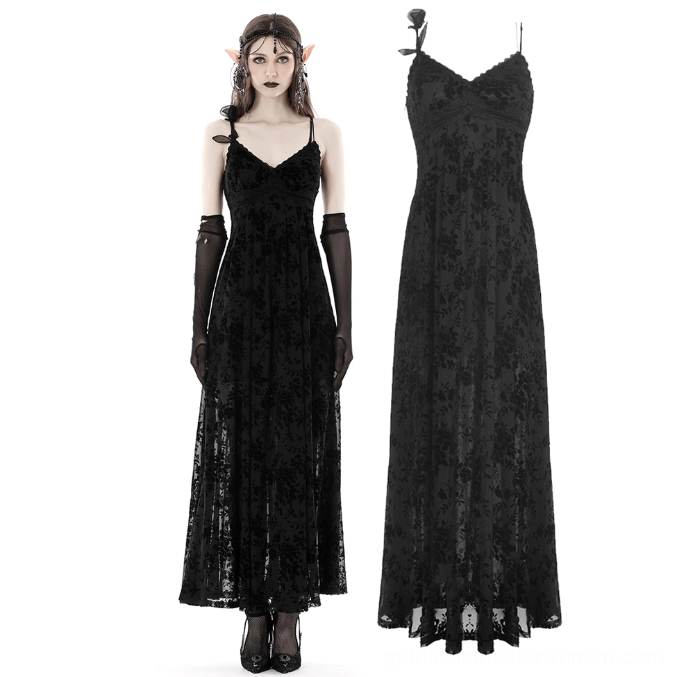 Black velvet rose gothic slip dress front display with hanging product and model composite view