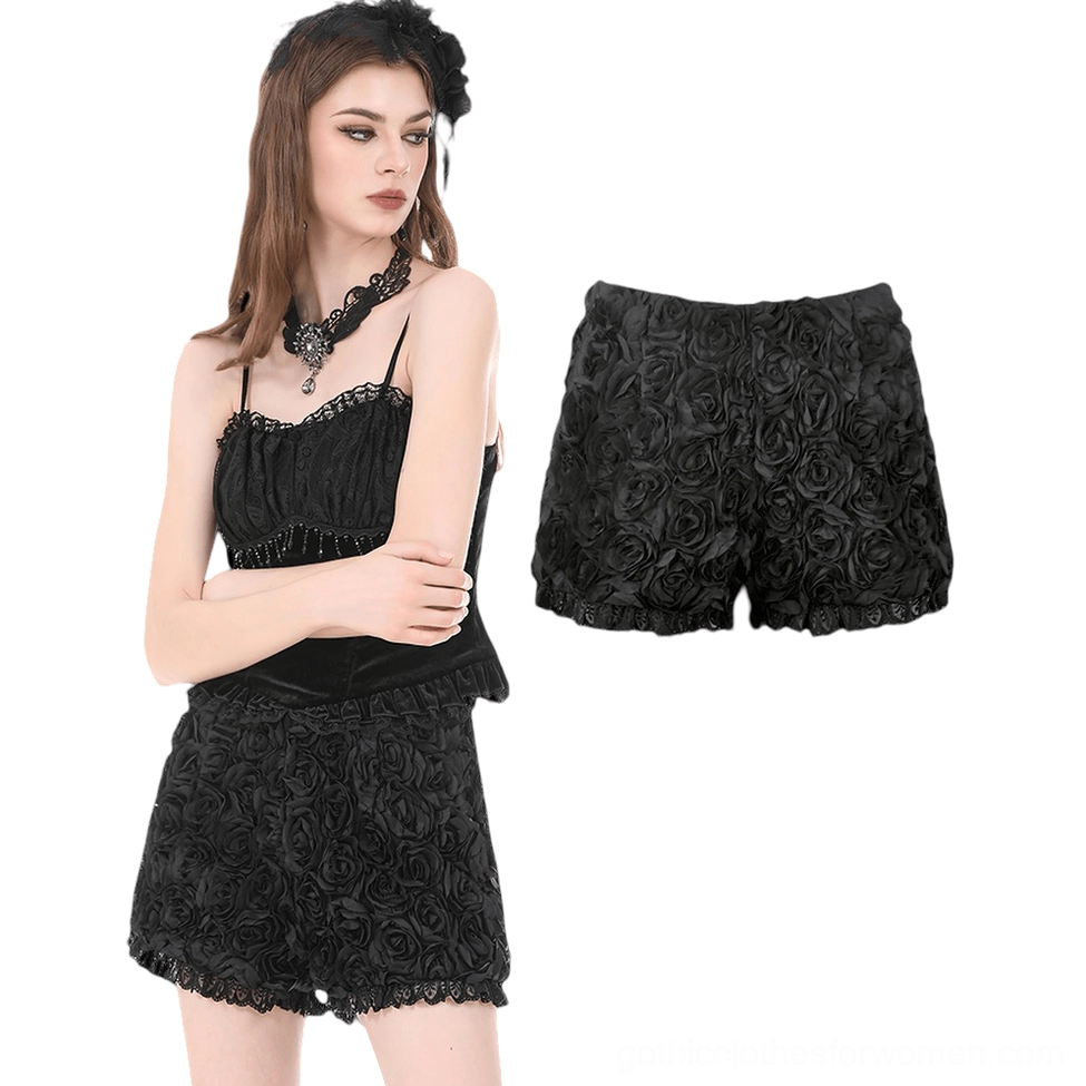 Black gothic rose shorts full body outfit styling with alternative accessories and flat lay product view