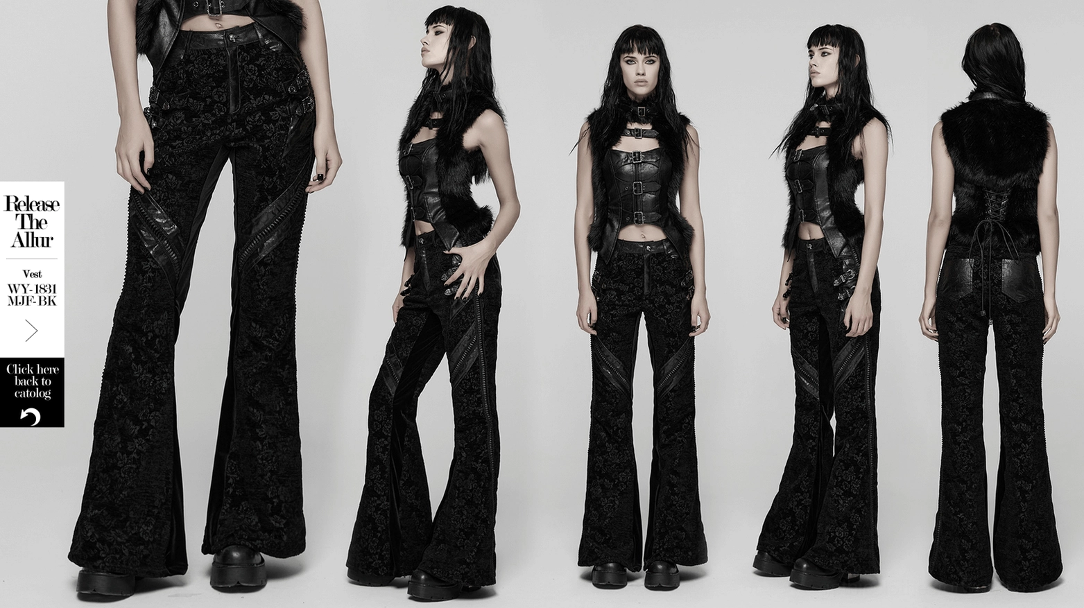 Black rose jacquard flared gothic pants - complete product overview, alternative fashion statement piece