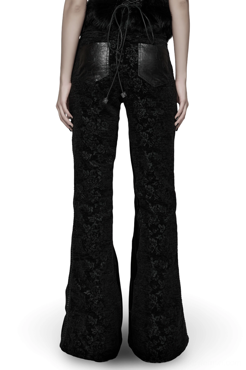 Black rose jacquard gothic flared pants rear full body view - faux leather back pockets and side zipper design