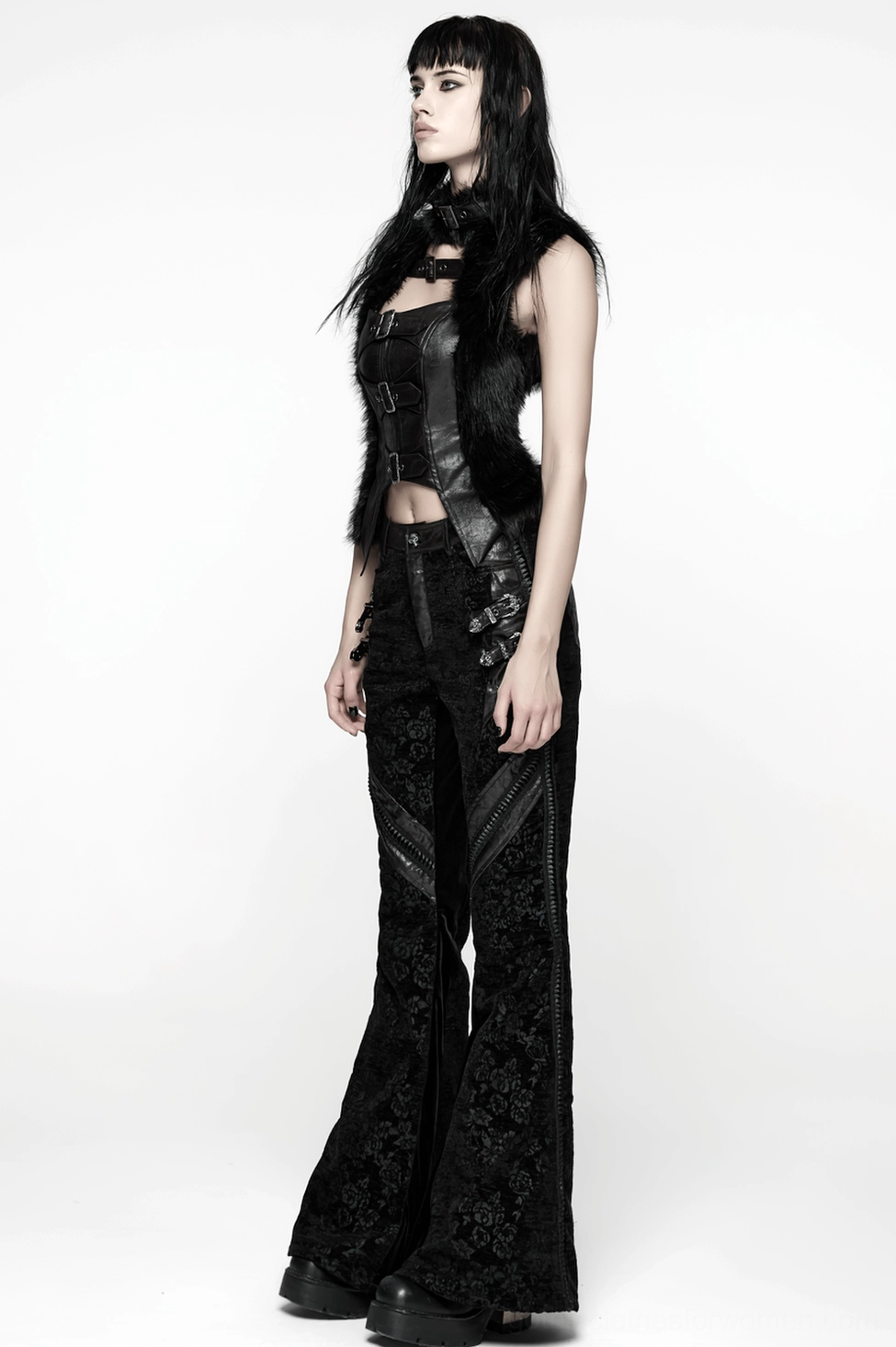 Black rose jacquard gothic pants flared hem - leg opening silhouette, fabric drape, bell-shaped cut detail