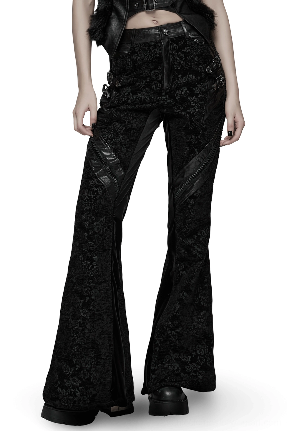 Black rose jacquard flared gothic pants front three-quarter view on model - faux leather side accents and zipper details