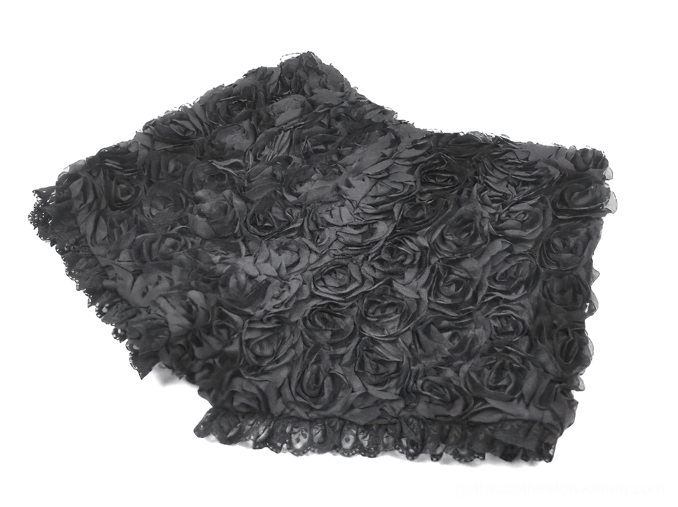 Black gothic rose shorts angled flat lay view with dimensional appliqué and lace hem styling