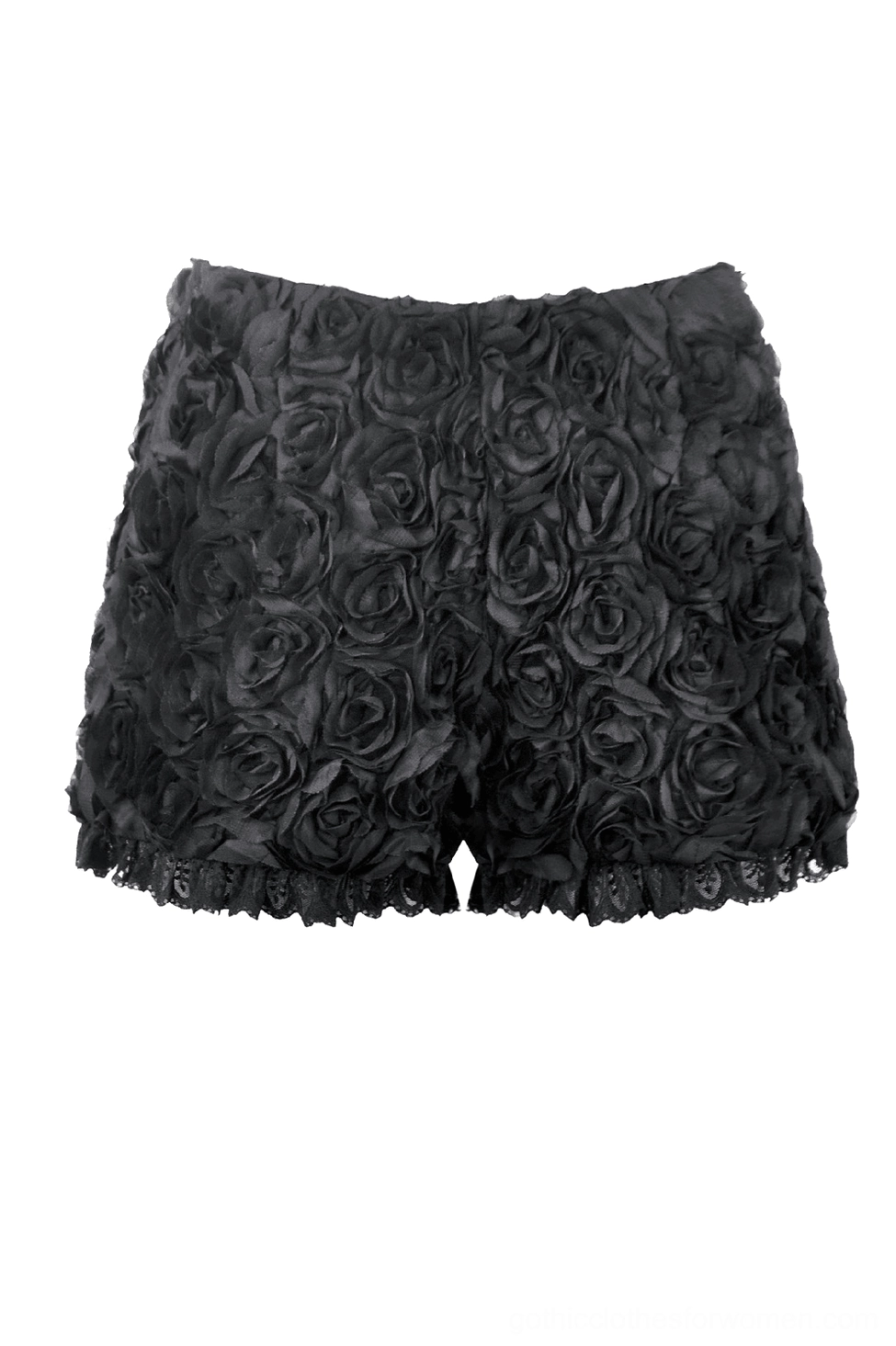 Black rose appliqué gothic shorts front flat lay view showing 3D textured floral details and lace hem