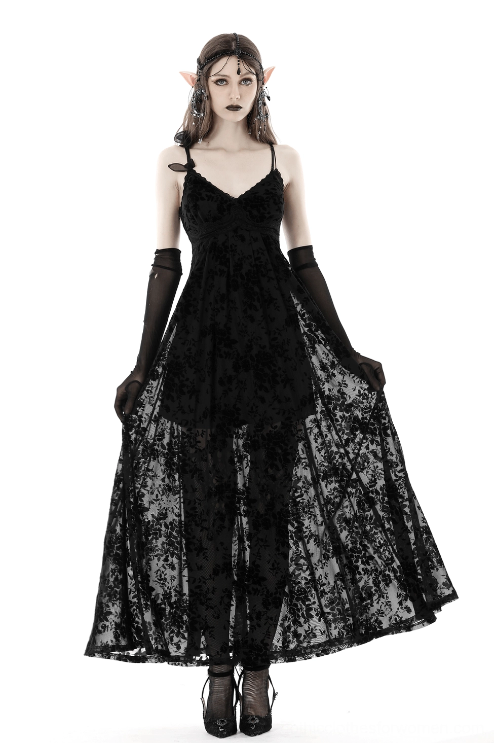 Black velvet burnout rose gothic slip dress with scalloped lace trim alternative fashion style