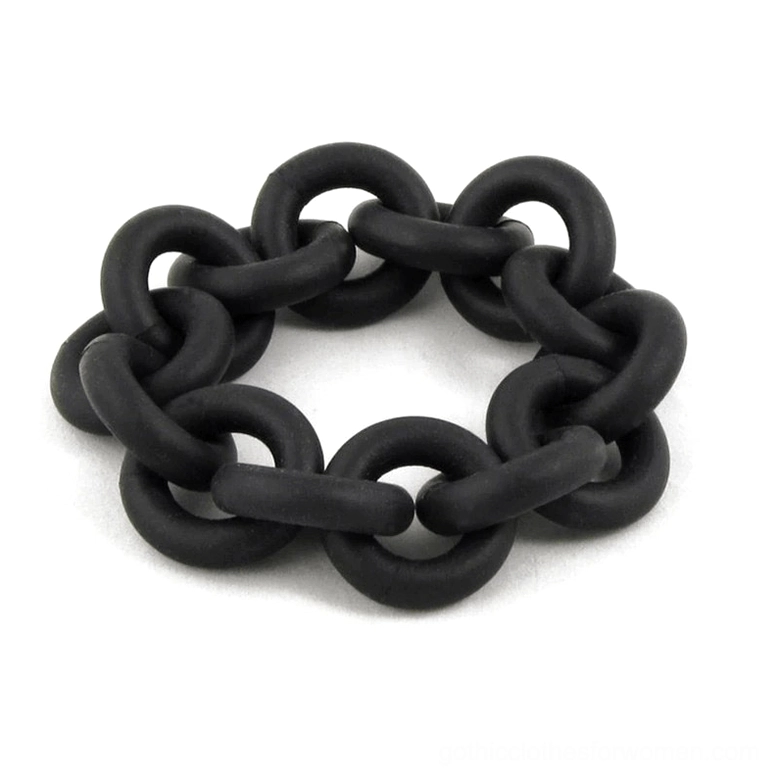 Black matte rubber linked chain bangle, handcrafted gothic punk bracelet with geometric chain design, top-down view