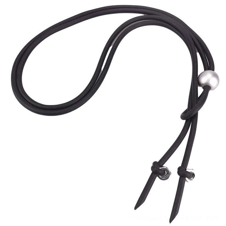 Long black rubber gothic necklace with knotted design and silver decorative bead side view