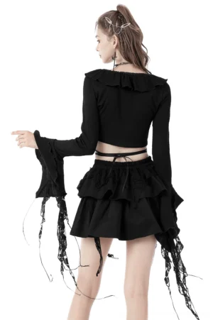 Gothic black crop top back view showing tie-up design and ruffle collar detail