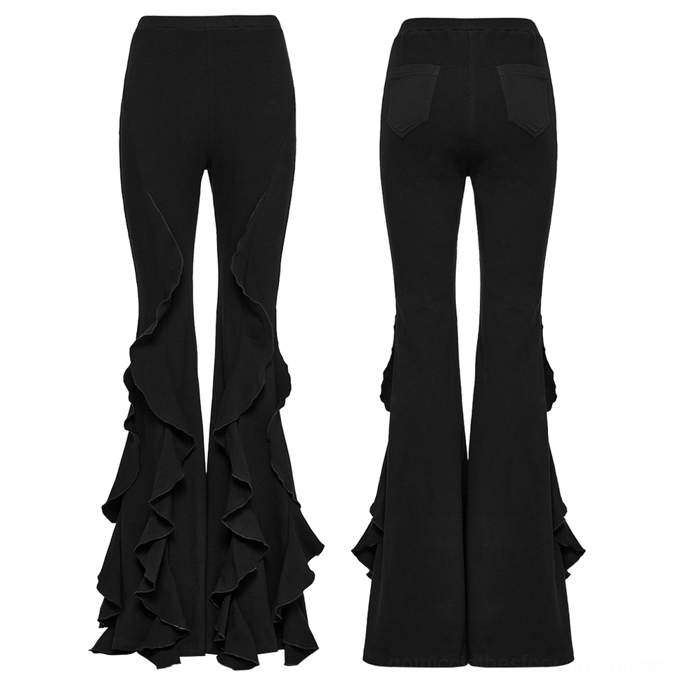 Black ruffle flare gothic pants front and rear side-by-side comparison showing layered ruffles and flared silhouette