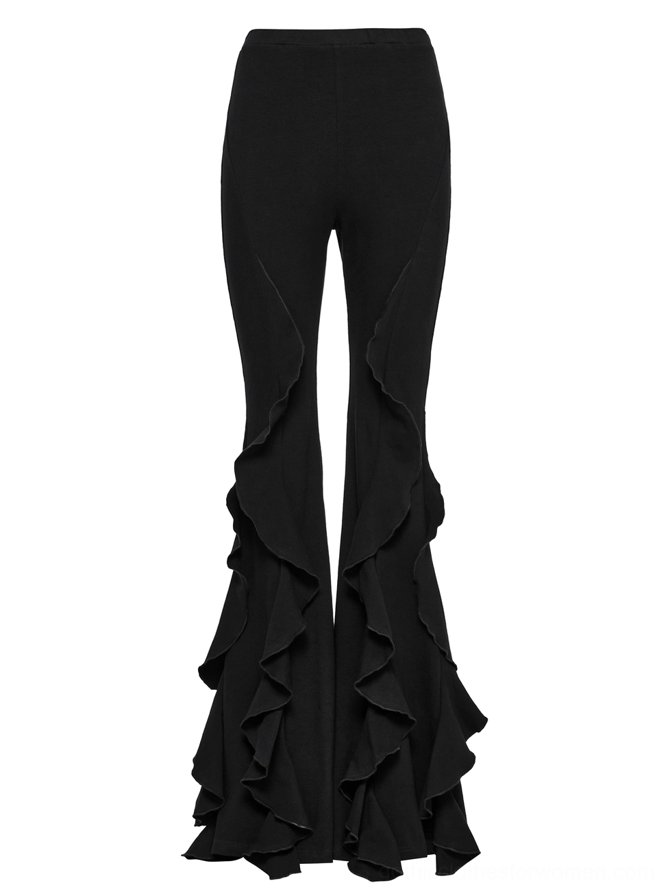 Black ruffle flare gothic pants front flat lay display showing fitted waist and dramatic hem ruffles
