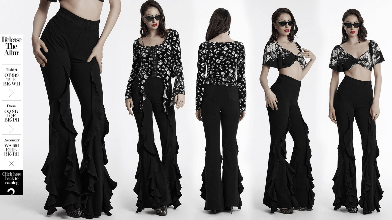 Black ruffle flare gothic pants primary product shot featuring signature ruffled hem and fitted silhouette
