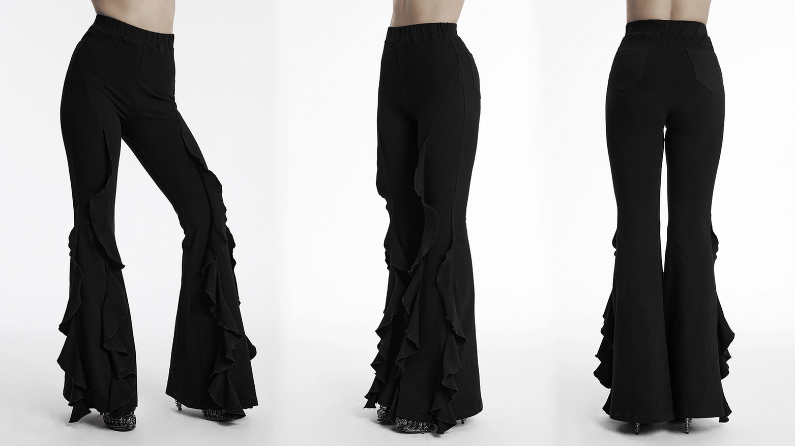 Black ruffle flare gothic pants product overview showing complete garment construction and design elements