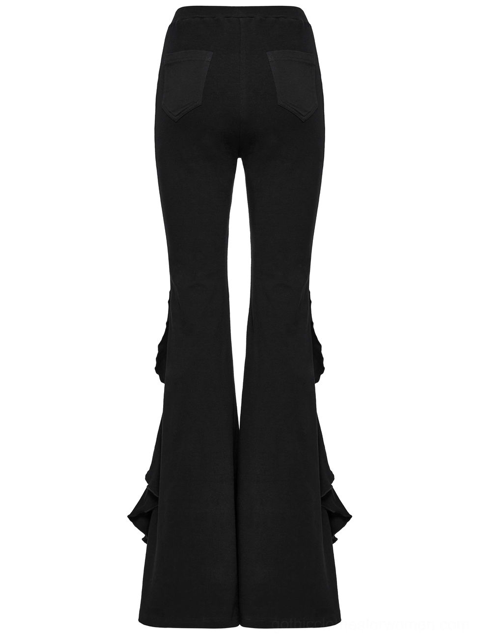 Black ruffle flare gothic pants rear view flat display showing back pockets and full flared leg structure