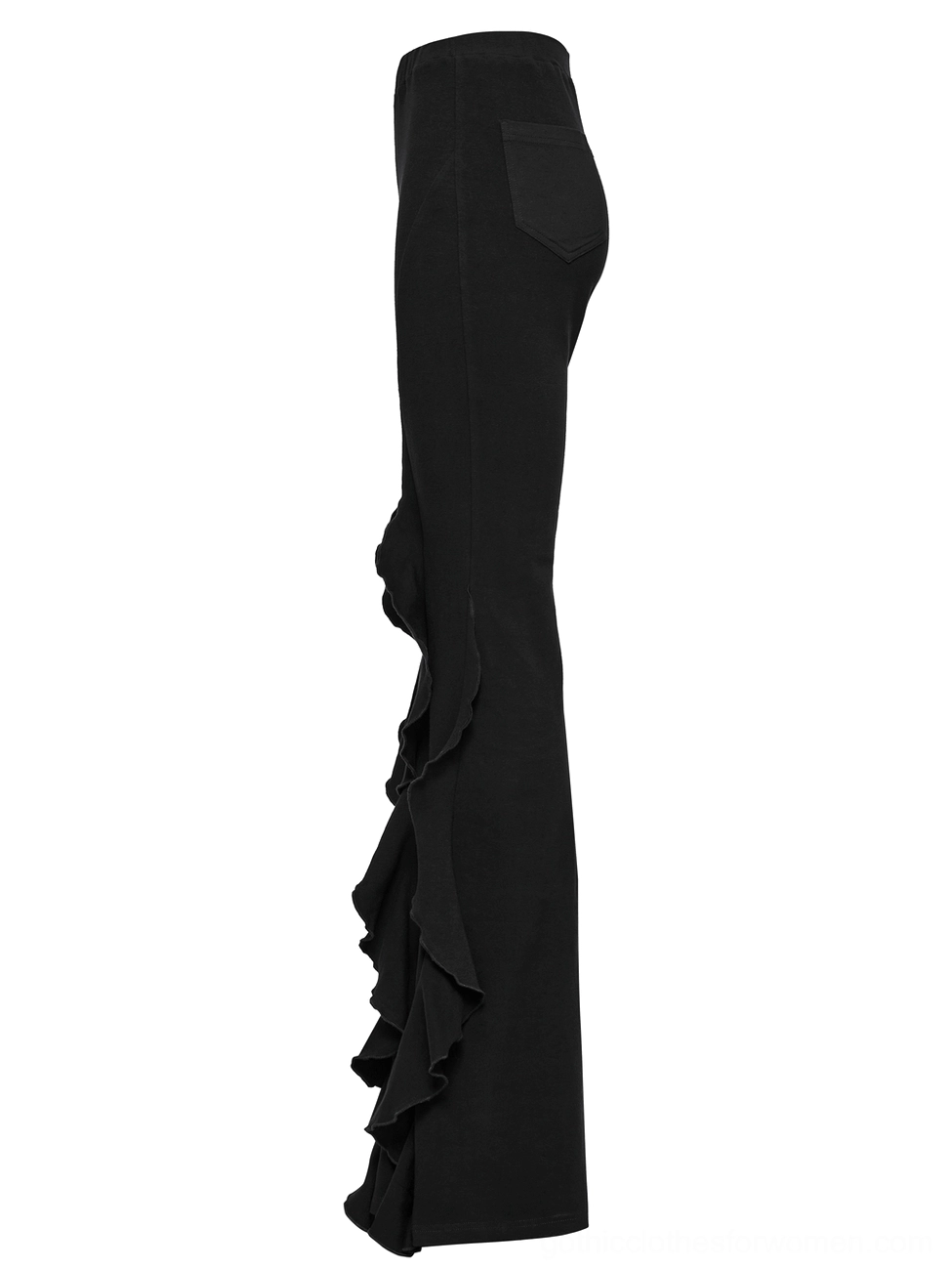 Black ruffle flare pants side angle display highlighting single side ruffle trim and flared leg cut