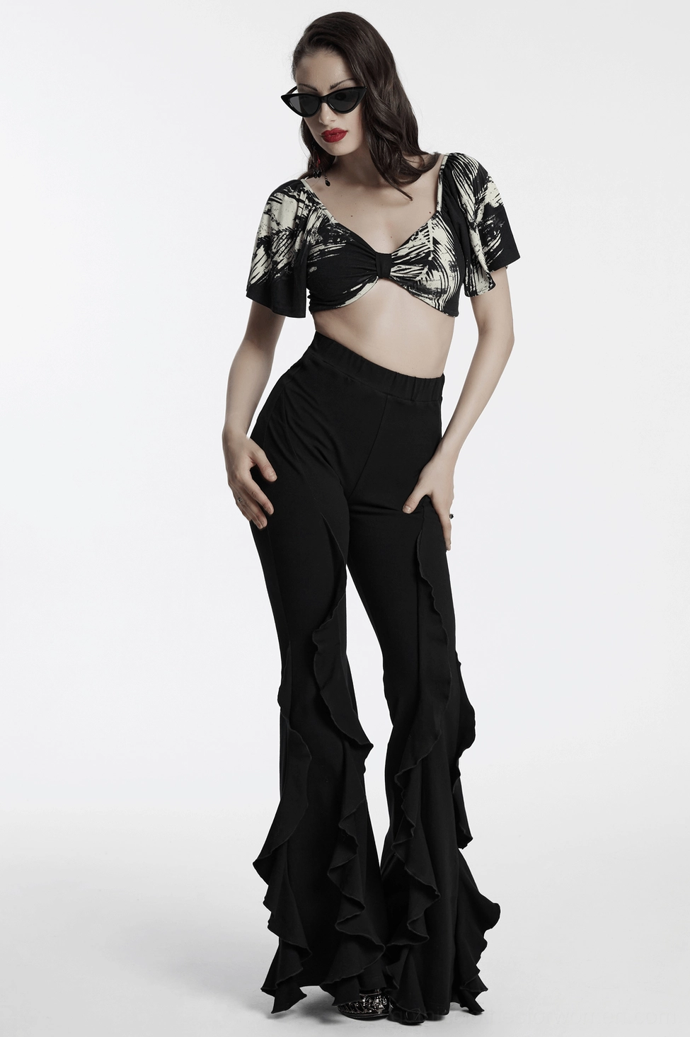 Black ruffle flare gothic pants final styling view highlighting theatrical goth fashion aesthetic