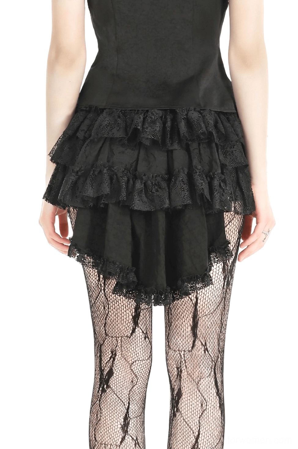 Black gothic mini skirt with cascading ruffles - rear view on model wearing fishnet tights and lace accents