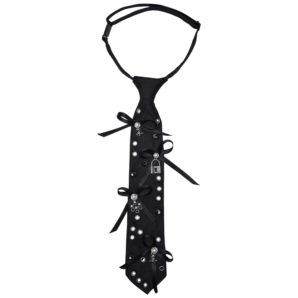 Gothic choker tie standalone flat lay displaying full satin construction, skull lock charms, pearl and metal rivets on pure white background