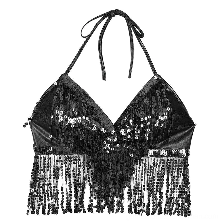 Black sequin halter crop top flat lay showing sequin detail and tassel hem