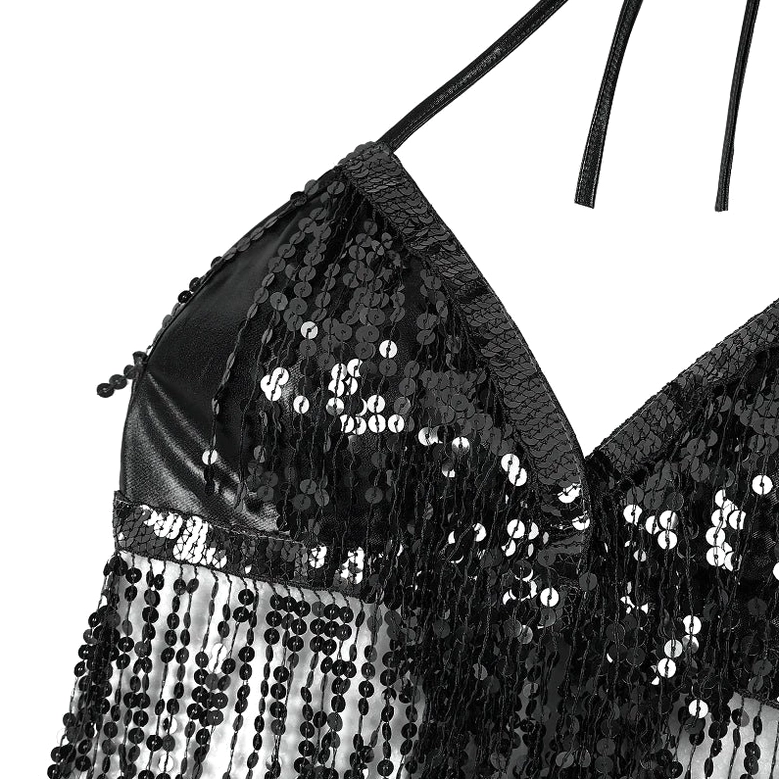 Black sequin halter crop top model wearing side angle view