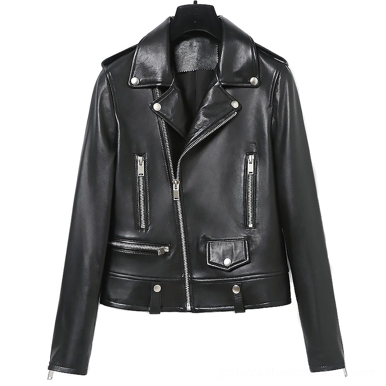 Flat front view of women's black genuine leather gothic jacket showing asymmetrical main zipper, flap pocket, and snap waist details