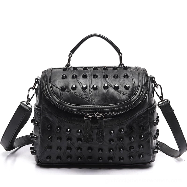 Front view of black sheepskin leather messenger bag with adjustable shoulder strap and dual zipper pulls, perfect for alternative fashion