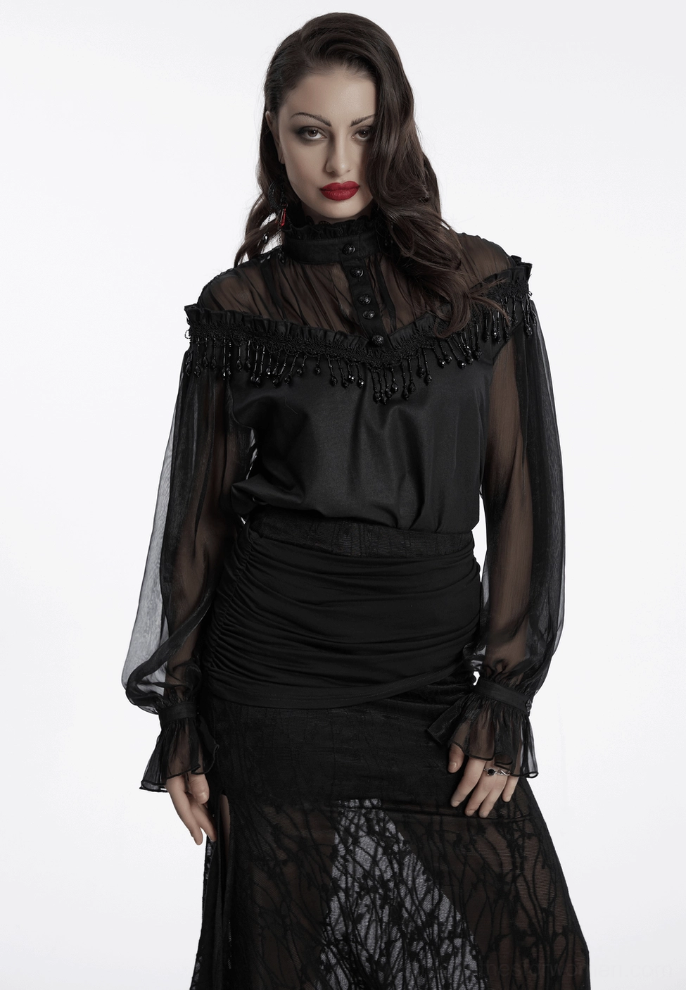 Black gothic sheer blouse full product view displaying layered fabric construction and lace details
