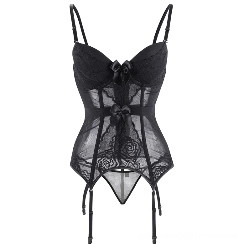 All-black sheer gothic corset lingerie with lace mesh, bow accents, and detachable garter straps, flat lay front view