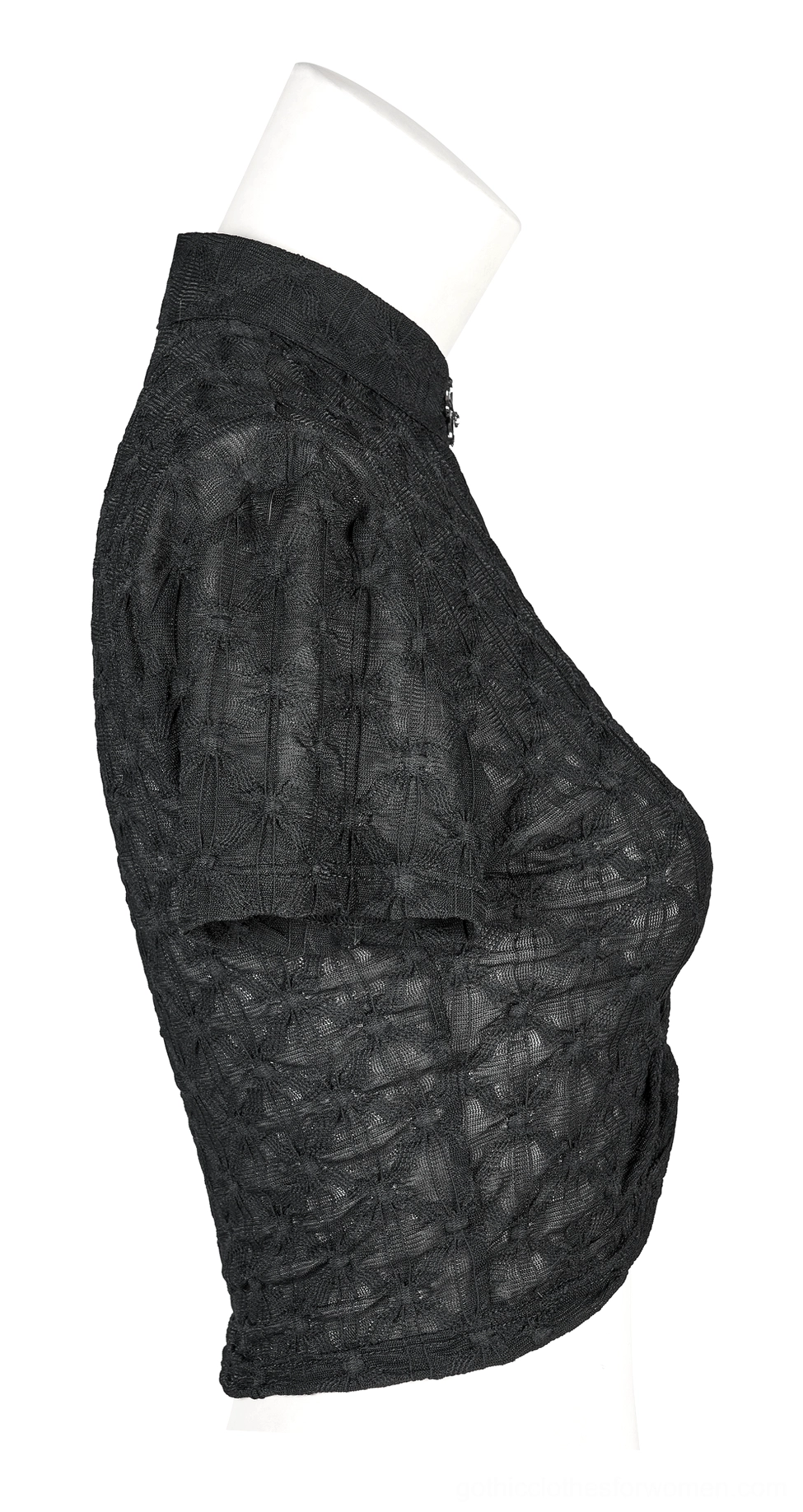 Black sheer lace gothic crop top side view on mannequin, showing fitted slim silhouette, high stand collar, and short translucent sleeves