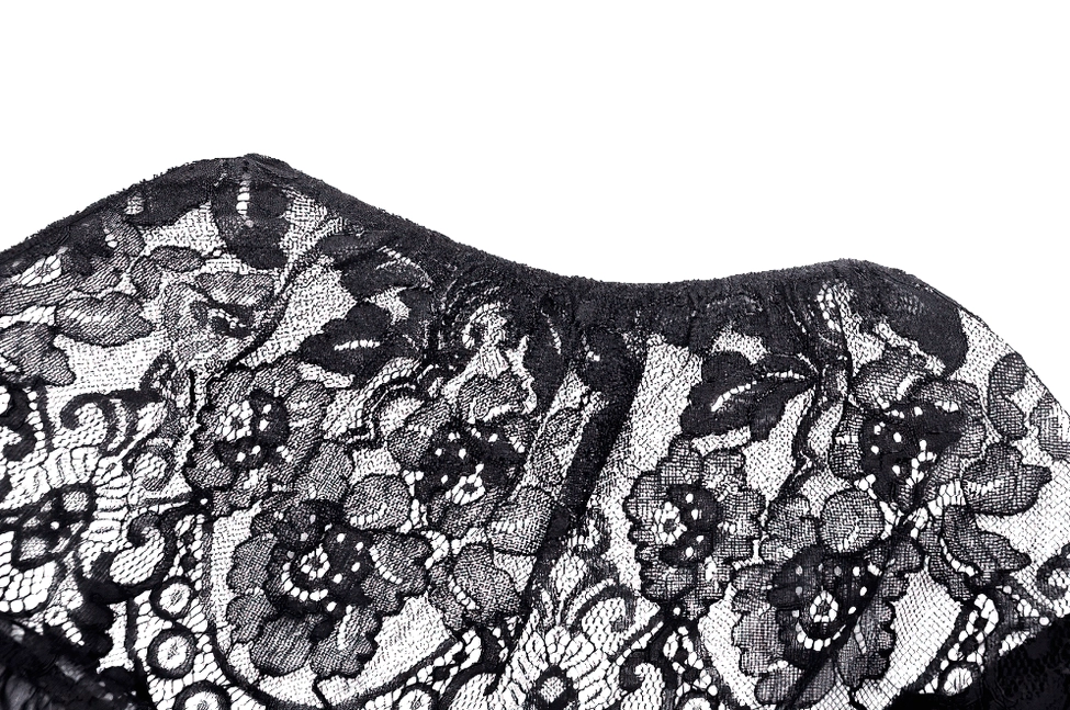 Close-up swatch of intricate black sheer floral lace embroidery fabric used in gothic cape