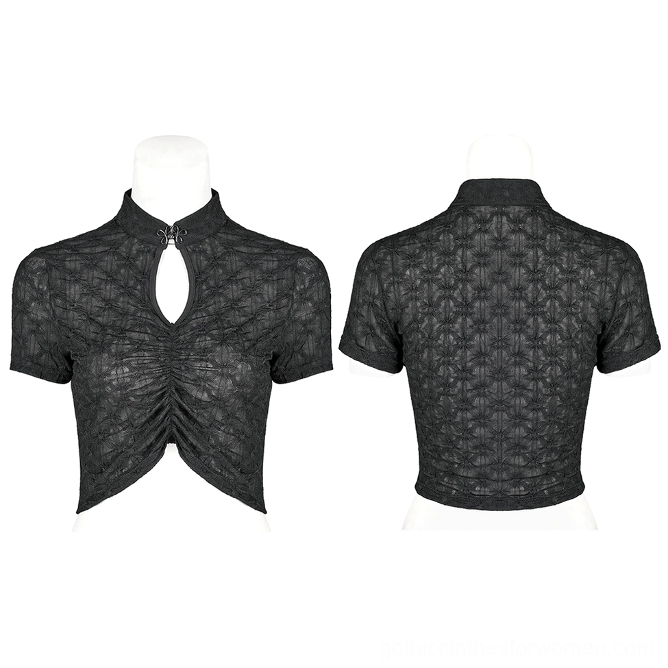 Black sheer lace gothic crop top with metal knot buckle displayed on mannequin, front and back views showing keyhole cutout and ruched design
