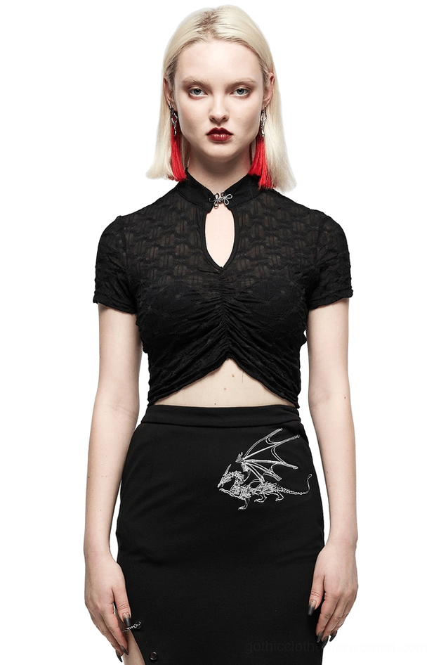 Black sheer lace gothic crop top with metal knot buckle front view on model, featuring translucent geometric spiderweb pattern and cropped silhouette