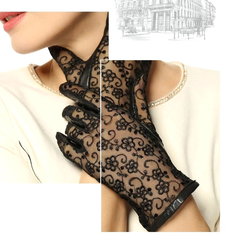 Black sheer lace gothic gloves with intricate floral embroidery, delicate romantic design, close-up side view